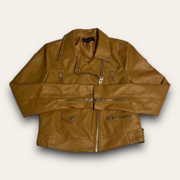 Love Tree Jackets & Blazers - Tan Faux Leather Moto Jacket Boho Biker Love Tree Size Small